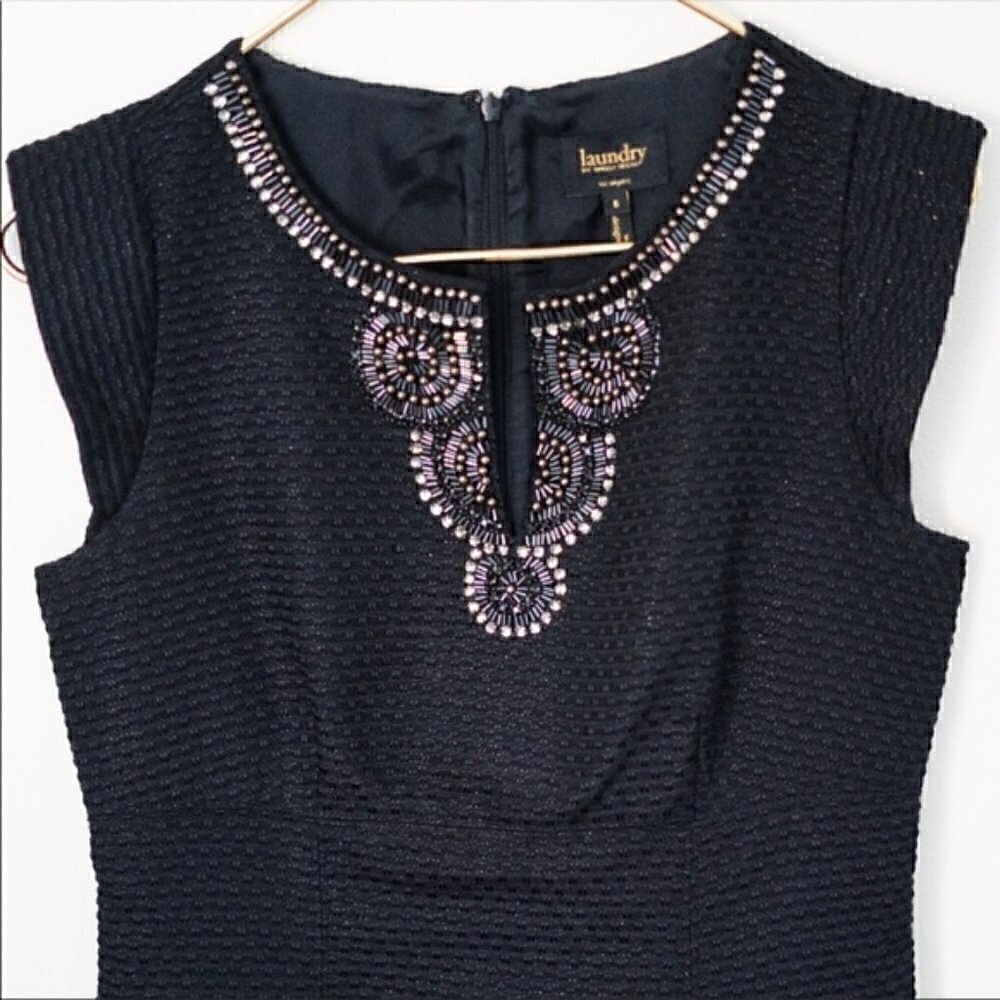 Laundry by Shelli Segal Black Sheath Dress Cap Sleeve Beaded Neckline Size 8 - Picture 1 of 3